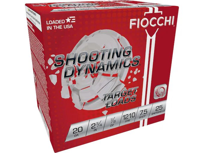 Box of Fiocchi Shooting Dynamics 20 gauge 2-3/4 inch 7/8 oz #7.5 target loads, 25 shotshells