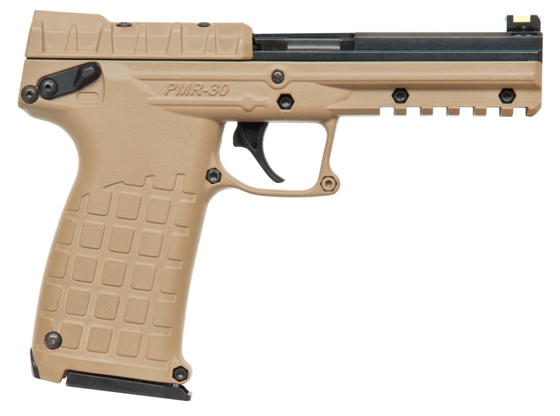 KelTec PMR-30 .22 WMR pistol with tan frame and black slide, right side